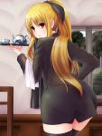  alternate_hairstyle ass black_legwear blonde_hair chair fate_testarossa formal from_behind highres ishibashi long_hair looking_back lyrical_nanoha mahou_shoujo_lyrical_nanoha_strikers orange_eyes ponytail solo suit teapot tears thigh-highs thighhighs tray window zettai_ryouiki 