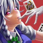  1girl braid card face finger_on_lips gloves hair_between_eyes izayoi_sakuya lips open_mouth parted_lips playing_card red_background red_eyes side_braid slit_pupils solo touhou turn-a 