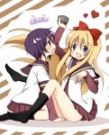  /\/\/\ 2girls :d black_hair black_legwear blonde_hair blue_eyes bow funami_yui hair_bow heart long_hair multiple_girls open_mouth otoneha school_uniform serafuku short_hair sitting smile spoon sweatdrop toshinou_kyouko yuru_yuri 