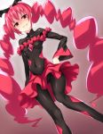  1girl bad_end_happy bad_end_precure bodysuit clothed_navel dark_persona from_below hand_on_hip keikotsu long_hair pink_hair precure red_eyes skirt smile smile_precure! solo tiara twintails 