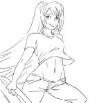  1girl aozaki_aoko bb_(baalbuddy) hair_intakes jeans lineart long_hair lowleg lowleg_pants midriff monochrome mound_of_venus navel pants smile solo suitcase t-shirt tsukihime 