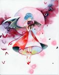 1girl bat bat_wings blue_hair blush bouquet closed_eyes covering_mouth eyes_closed flower mary_janes moon night red_moon remilia_scarlet ribbon shoes solo touhou traditional_media tsuru watercolor_(medium) wings 