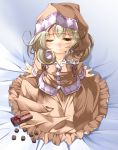  1girl blush brown_eyes brown_hair chocolate hasshin_aki_ichi hat highres pajamas sasami-san@ganbaranai sitting solo tsukuyomi_sasami 