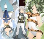  1boy 2girls alternate_costume armor bare_shoulders blue_eyes blue_hair bubble cape commentary elbow_gloves fish_tail gloves green_eyes green_hair grey_eyes grey_hair head_fins kamijou_kyousuke lamia living_hair long_hair magical_girl mahou_shoujo_madoka_magica medusa mermaid miki_sayaka monster_girl multiple_girls navel_cutout oktavia_von_seckendorff open_mouth shizuki_hitomi short_hair smile snake snake_hair spoilers surprised sweatdrop sword tongue trio weapon white_gloves zinger_(excess_m) 