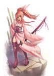  1girl alternate_costume alternate_hairstyle asuna_(sao) brown_eyes brown_hair geta japanese_clothes kimono long_hair ponytail rotix sandals solo sword sword_art_online thigh-highs thighhighs weapon yuuki_asuna 