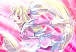  1girl aida_mana bike_shorts blonde_hair boots cure_heart dokidoki!_precure half_updo long_hair magic magical_girl pink_background pink_eyes ponytail precure shorts_under_skirt skirt sky-sky smile solo 