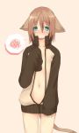  1girl animal_ears blush cat_ears cat_tail copyright_request flat_chest green_eyes highres looking_at_viewer majima_yuki naked_coat open_clothes open_jacket short_hair simple_background sleeves_past_wrists solo squiggle tail 