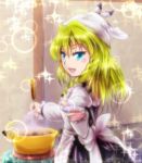  1girl alternate_eye_color apron blonde_hair blue_eyes blush_stickers braid dish food head_scarf kirisame_marisa ladle long_hair looking_at_viewer offering open_mouth pot pov rpg-exen single_braid solo soup sparkle touhou 