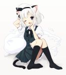  ahoge animal_ears arm_behind_head black_legwear blue_eyes blush cat_ears cat_tail dress_shirt fang hairband hand_to_mouth kemonomimi_mode kneehighs konpaku_youmu konpaku_youmu_(ghost) looking_at_viewer nekomimi no_shoes open_mouth purin_jiisan shirt short_hair silver_hair simple_background sitting skirt solo tail tears touhou vest white_background wink 