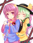  2girls blush breasts closed_eyes eyes_closed green_hair hairband hat hat_ribbon heart highres jellylily komeiji_koishi komeiji_satori lips long_sleeves multiple_girls open_mouth pink_eyes pink_hair ribbon short_hair silver_hair skirt smile third_eye touhou wide_sleeves 