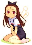  1girl bachera between_legs bow brown_eyes brown_hair carrot dress hairband hand_between_legs idolmaster long_hair minase_iori sitting socks solo v_arms wariza 