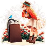  1girl ascot bird blue_eyes cat flower hat highres long_hair original shimoe solo 