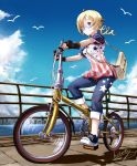  1girl ahoge american_flag artist_name bag bicycle bird blonde_hair blush brown_eyes capri_pants cloud clouds drill_hair fingerless_gloves folding_bicycle glasses gloves hair_ornament highres hokuchin jeans mahou_shoujo_madoka_magica messenger_bag no_socks railing riding shoes shoulder_bag signature sky smile sneakers solo star tomoe_mami twin_drills twintails wrap-around_shades yellow_eyes 