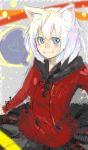  1girl alternate_costume alternate_eye_color animal_ears blue_eyes casual contemporary heart highres inubashiri_momiji jacket no_hat no_headwear rough short_hair skirt solo spoken_heart touhou wolf_ears yama_gan 