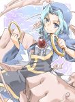  1boy 1girl blue_eyes blue_hair breasts clenched_hand clenched_hands dress hood jewelry kumoi_ichirin pendant ring shag short_hair smile touhou unzan 