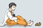  1boy aperture_science_handheld_portal_device barefoot bb_(baalbuddy) black_hair chell chell_(cosplay) cosplay crossover facial_hair glados jumpsuit labcoat okabe_rintarou portal portal_2 potato simple_background spoilers steins;gate stubble 