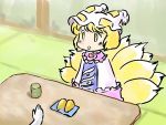  1girl blonde_hair blush cup dress fox_tail hands hat hat_with_ears mikashimo mikasimo multiple_tails open_mouth pink_dress plate short_hair sitting tabard table tail tatami teacup touhou yakumo_ran yellow_eyes 