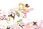  1girl ahoge blonde_hair blue_eyes blush bow fate/unlimited_codes fate_(series) flower hair_bow highres japanese_clothes kimono kiyonono long_hair lying on_back saber saber_lily solo 