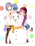  2girls :d black_legwear blonde_hair blue_hair boots brown_eyes bucket carrot casual furutani_himawari hair_ornament hairband hairclip multiple_girls namori oomuro_sakurako open_mouth scarf skirt smile snow snowman sweatshirt thigh-highs thighhighs toque winter yuru_yuri zettai_ryouiki 