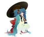  1girl aqua_eyes aqua_hair bell flower hair_bell hair_flower hair_ornament hatsune_miku highres jingle_bell long_hair oriental_umbrella simple_background solo squatting takesouko twintails umbrella very_long_hair vocaloid white_background 