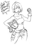  1girl bangs bb_(baalbuddy) belt biker_clothes breasts cleavage clenched_hand clenched_hands english gloves headwear_removed helmet helmet_removed holding_helmet justice_gakuen kazama_akira lineart moero!_justice_gakuen monochrome pants parted_bangs project_justice raised_fist rival_schools rival_schools:_united_by_fate shiritsu_justice_gakuen short_hair solo tank_top 