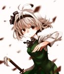  1girl ahoge arm_up frown hair_ribbon konpaku_youmu long_sleeves looking_at_viewer mephist-pheles open_hand petals red_eyes ribbon short_hair simple_background skirt solo sword touhou vest weapon white_background white_hair 