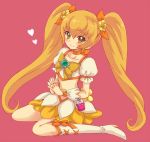  1girl blonde_hair boots bow cure_sunshine hair_ribbon heart heartcatch_precure! long_hair magical_girl midriff myoudouin_itsuki navel pink_background precure ribbon sikuhima sitting skirt smile twintails wrist_cuffs yellow_eyes 