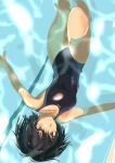  1girl afloat amagami black_hair brown_eyes caustic_lighting caustics floating from_above murasaki_iro nanasaki_ai one-piece_swimsuit short_hair solo swimming swimsuit upside-down water 