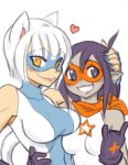  +_+ 2girls \m/ animal_ears arm_around_waist bare_shoulders blush bob_cut breasts cat_ears cat_tail gloves grey_skin grin heart hug jason_robinson large_breasts mask multiple_girls nail_polish neckerchief original pointy_ears purple_hair smile superhero tail violet_eyes white_hair yellow_eyes 