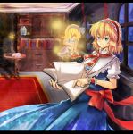  1girl alice_margatroid alice_margatroid_(pc-98) blonde_hair blue_eyes book bow capelet cup dress hair_bow hairband highres moec ribbon short_hair smile solo table teacup touhou touhou_(pc-98) window 