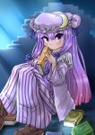  1girl book bow crescent dress frown hair_bow hat highres long_hair looking_at_viewer magic_circle patchouli_knowledge purple_eyes purple_hair rituki_(yumechanlove) robe sitting solo striped striped_dress touhou very_long_hair violet_eyes wooden_floor 