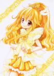  1girl bike_shorts blonde_hair bow brooch brown_eyes cure_peace dress jewelry kise_yayoi long_hair magical_girl ousemei precure princess_form_(smile_precure!) ribbon shorts_under_skirt skirt smile smile_precure! solo tiara traditional_media yellow yellow_dress 