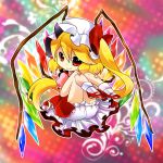  1girl blonde_hair bloomers chibi fang flandre_scarlet hat knees_on_chest mary_janes munyumunyu red_eyes shoes side_ponytail solo touhou wings 