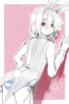  1girl animal_ears blush bunny_ears bunny_tail from_behind highres looking_back majima_yuki monochrome original panties rabbit_ears short_hair solo spot_color striped striped_panties tail underwear 