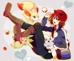  1boy :o bag baseball_cap black_eyes blue_eyes blush boots brown_eyes brown_hair buck_teeth calme_(pokemon) chespin creature english fennekin froakie goggles hat hat_tip heart highres long_sleeves nicole_(usako) orange_eyes poke_ball pokemon pokemon_(creature) pokemon_(game) pokemon_xy red_eyes short_hair simple_background smile sunglasses tail title_drop wink 