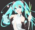  1girl aqua_eyes aqua_hair black_background bridal_gauntlets center_opening hatsune_miku hatsune_miku_(append) highres masajiirasto miku_append necktie open_mouth simple_background solo spring_onion star twintails vocaloid vocaloid_append 