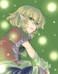  1girl arm_warmers blonde_hair green_eyes lights looking_at_viewer mana_(gooney) mizuhashi_parsee open_mouth pointy_ears scarf shirt sitting skirt solo touhou turning 