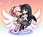  2girls akemi_homura argyle argyle_legwear black_hair hug kaname_madoka kneehighs long_hair magic_circle magical_girl mahou_shoujo_madoka_magica multiple_girls munyumunyu pink_eyes pink_hair purple_eyes star twintails violet_eyes wink yuri 