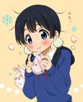  1girl bird black_hair blue_eyes blush dera_mochi'mazzui dera_mochimazui food kitashirakawa_tamako long_hair low_twintails mochi mole mouth_hold pulling smile sugise_satoshi tamako_market tori_(tamako_market) twintails wagashi 