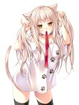  1girl animal_ears black_legwear bunching_hair cat_ears cat_tail endyy long_hair mouth_hold naked_shirt original paw_print silver_hair simple_background solo tail thigh-highs thighhighs two_side_up white_background yellow_eyes 