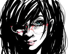  black_hair blue_eyes close-up face glasses hair_over_one_eye original red-framed_glasses womu 