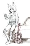  1girl animal_ears blush boots cat_ears cat_tail copyright_request cutoffs flat_chest guitar highres instrument majima_yuki monochrome short_hair shorts simple_background smile solo tail thighhighs white_background 