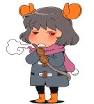  1girl alternate_costume blowing blush boots coat ear_gloves ear_mittens gloves grey_eyes mittens nazrin onikobe_rin open_mouth pants red_eyes scarf short_hair solo standing tail tail_grab touhou winter_clothes 