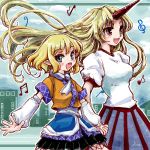  2girls arm_warmers blonde_hair blue_eyes blush dress fang hand_holding holding_hands horn hoshiguma_yuugi long_hair mizuhashi_parsee multiple_girls musical_note nanashii_(soregasisan) open_mouth pointy_ears scarf short_hair short_sleeves skirt touhou 