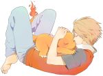 1boy barefoot charmander closed_eyes fire headwear_removed highres hug k-mica lying pokemon pokemon_(creature) pokemon_(game) pokemon_frlg red_(pokemon) red_(pokemon)_(remake) sleeping 