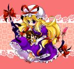  2girls animal_ears blonde_hair bow brown_eyes brown_hair cat_ears cat_teaser checkered checkered_background flower gap hakurei_reimu hat kemonomimi_mode lap_pillow long_hair multiple_girls munyumunyu neko_miko on_back purple_eyes touhou very_long_hair violet_eyes yakumo_yukari 