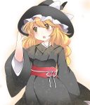  1girl alternate_costume black_dress blonde_hair blush commentary commentary_request dress hammer_(sunset_beach) hand_on_hat hat hat_ribbon japanese_clothes kimono kirisame_marisa long_sleeves obi open_mouth ribbon sash solo star touhou wide_sleeves witch_hat yellow_eyes 