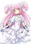  1girl blush bow choker cleavage_cutout dress gloves goddess_madoka hair_bow highres kaname_madoka kneeling long_hair mahou_shoujo_madoka_magica naruse_mahi pink_hair short_sleeves simple_background smile solo two_side_up ultimate_madoka very_long_hair white_background white_dress white_gloves yellow_eyes 