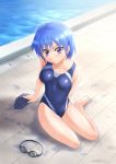  1girl blue_hair competition_swimsuit goggles goggles_removed one-piece_swimsuit original pool poolside purple_eyes short_hair swim_cap swimsuit takuya_kame violet_eyes 