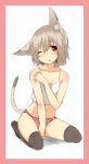  1girl animal_ears blush cat_ears cat_tail copyright_request flat_chest grey_hair highres majima_yuki panties print_panties red_eyes short_hair simple_background sitting solo strawberry_panties strawberry_print tail underwear white_background wink 